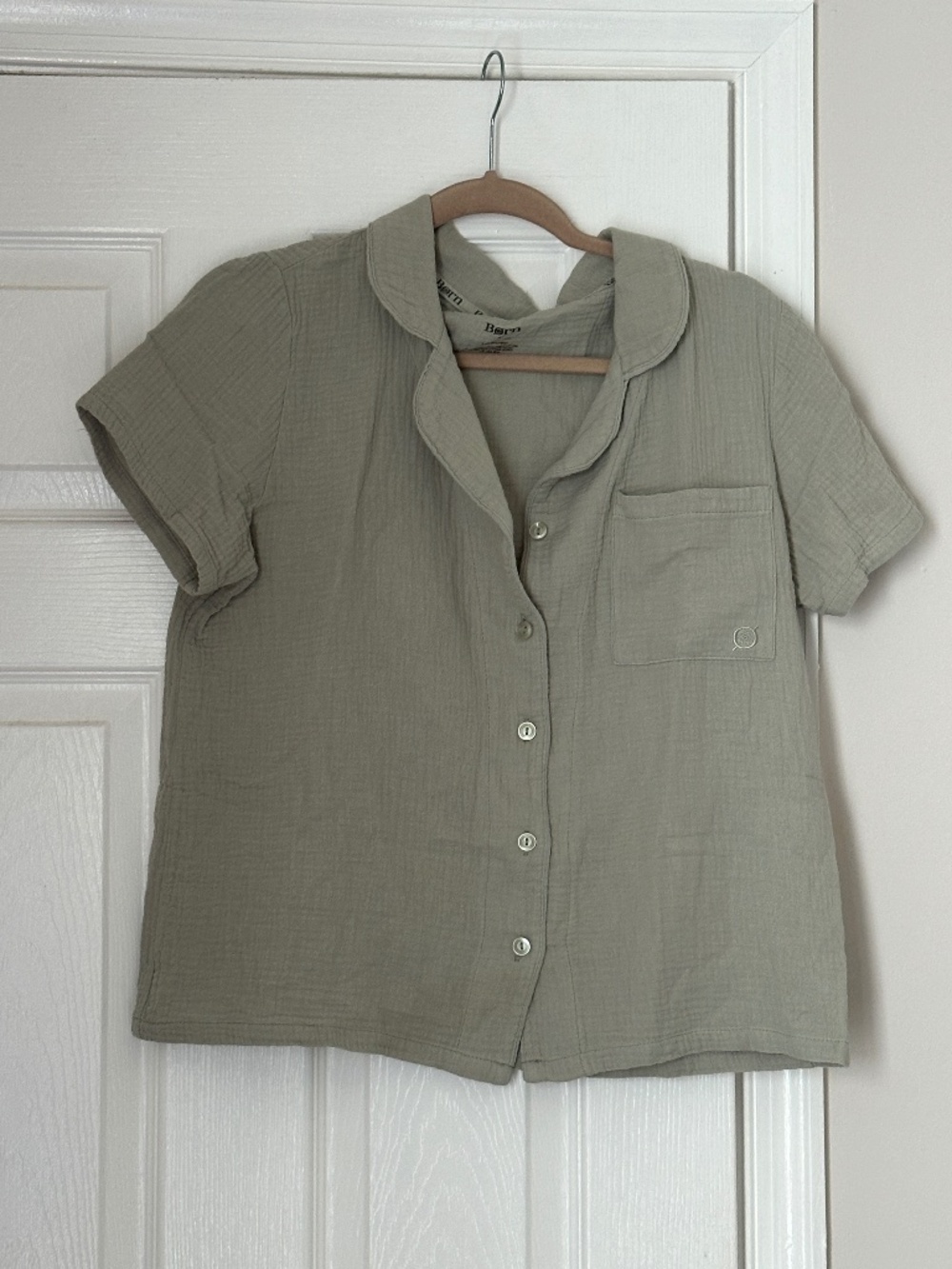 Børn 100% Cotton Muslin Gauze Pajama Shirt Olive Green Short Sleeve Medium